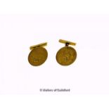 Pair of half sovereign cufflinks, the links in yellow metal tested as 14ct, gross weight 11.8 grams