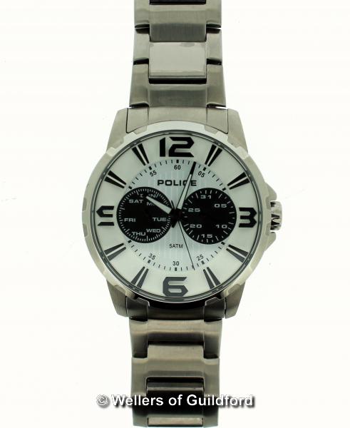 *Gentlemen's Police stainless steel wristwatch, circular white dial, with Arabic numerals and