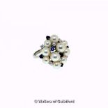 Pearl, sapphire and diamond cluster ring, ten pearls ranging from approximately 6mm to 4.5mm, with