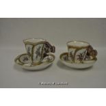 Two continental cups and saucers; floral and gilt decoration, unusual butterfly handles