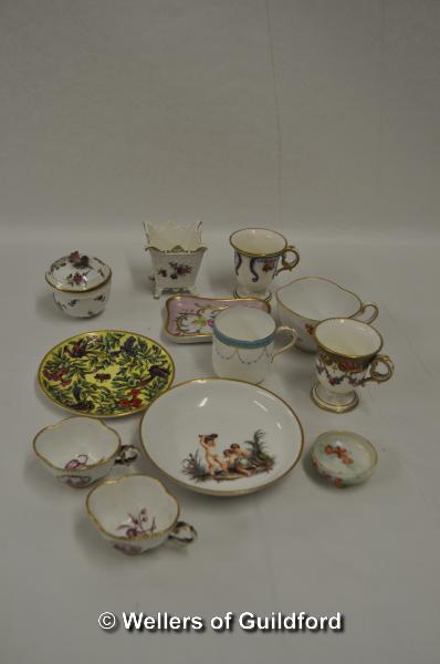 Assorted tea cups and saucers including Meissen