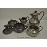 Pewter wares including coffee pot, milk and sugar