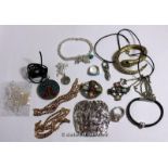 *Selection of costume jewellery, including a silver buckle, two gold plated necklaces, and a Pandora