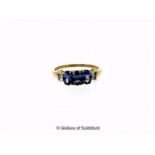 Tanzanite and diamond ring, three oval cut tanzanites, weighing an estimated total of 1.28cts,