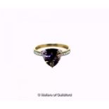 Ametrine and white zircon ring, triangle cut ametrine, weighing an estimated 3.23cts, with five