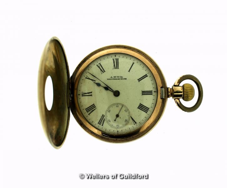 *Half hunter gold plated pocket watch, cream ceramic dial with Roman numerals and subsidiary dial ( - Image 3 of 3