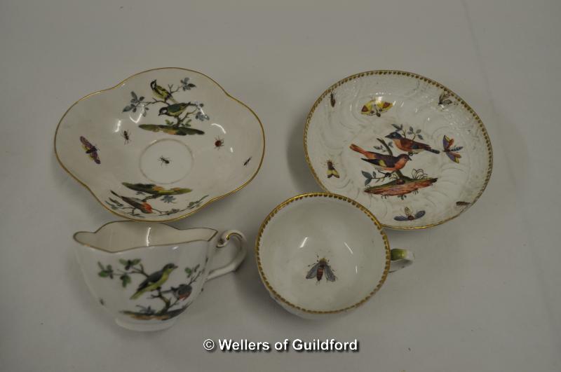 Two Meissen tea cups and saucers; bird, butterfly and bee decoration with gilt detailing - Image 3 of 3