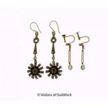 Pair of seed pearl and garnet cluster drop earrings, in yellow metal stamped 9ct, and a pair of