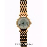 *Ladies' Gc wristwatch, circular dial with Roman numerals and baton hour markers, date aperture,