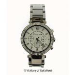 *Michael Kors stainless steel wristwatch, circular white dial with white stone set bezel and baton