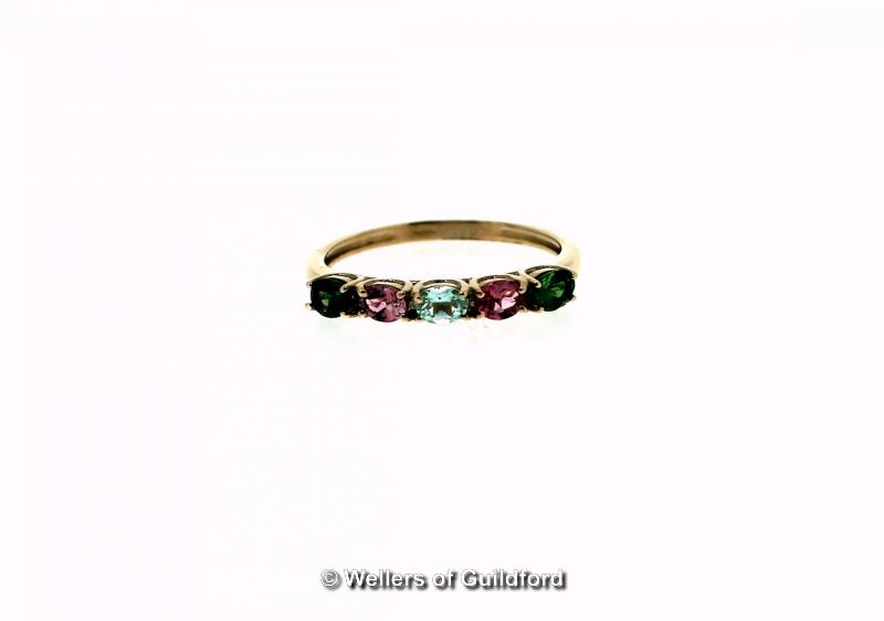 Multi-coloured tourmaline five stone ring, oval cut Paraiba, two pink and two chrome tourmalines,