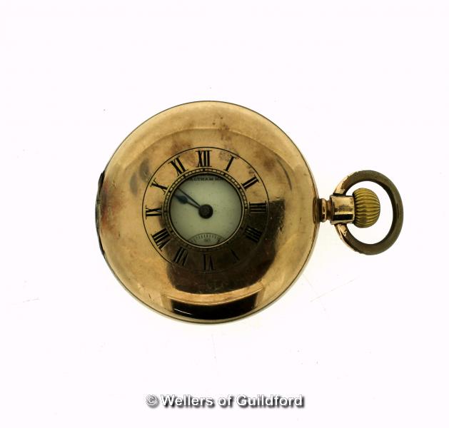 *Half hunter gold plated pocket watch, cream ceramic dial with Roman numerals and subsidiary dial (