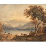 Höger, Josef: See im Gebirge. Aquarell, rechts unten signiert/datiert: 1851. Hirte mit Rindern am