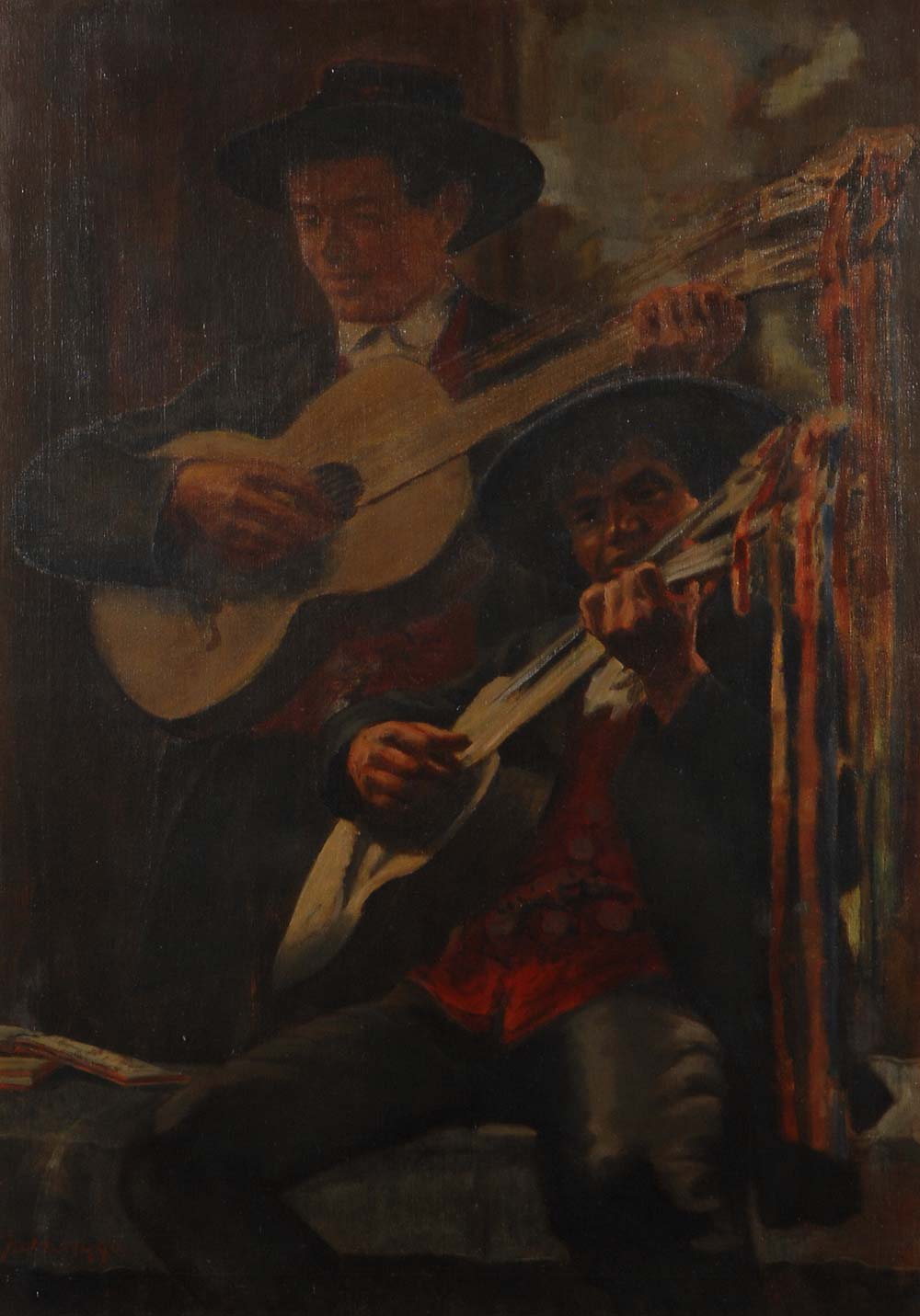 Hengge, Joseph: Zwei Gitarristen. Öl/Leinwand, links unten signiert. Zwei Männer in Tracht beim