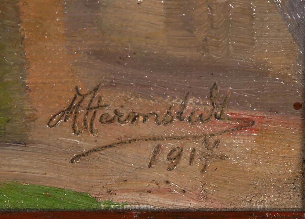 Hermstadt, A.: Blühende Obstbäume. Öl/Leinwand, rechts unten signiert/datiert: 1917. Bauernhäuser - Image 3 of 3
