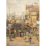 Großstadtszene mit Marktständen. Aquarell, links undeutlich signiert/datiert: Dec. (19)77. Viele