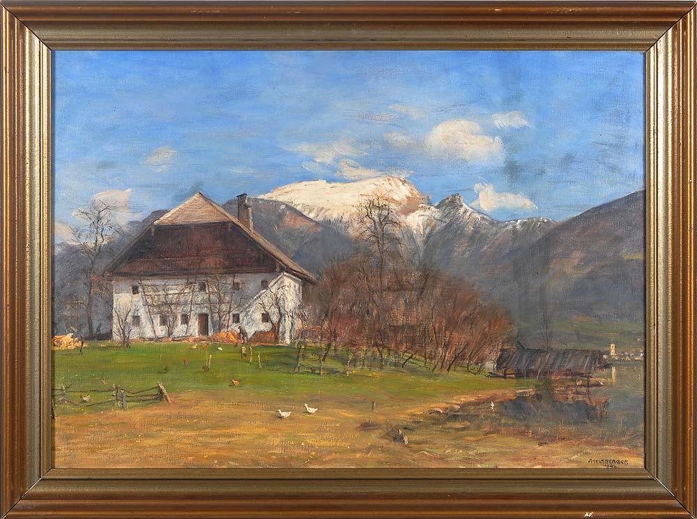 Helmberger, Adolf: "Bauernhaus am See". Öl/Leinwand, rechts unten signiert/datiert: 1942, verso - Image 2 of 6