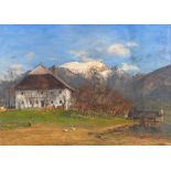 Helmberger, Adolf: "Bauernhaus am See". Öl/Leinwand, rechts unten signiert/datiert: 1942, verso