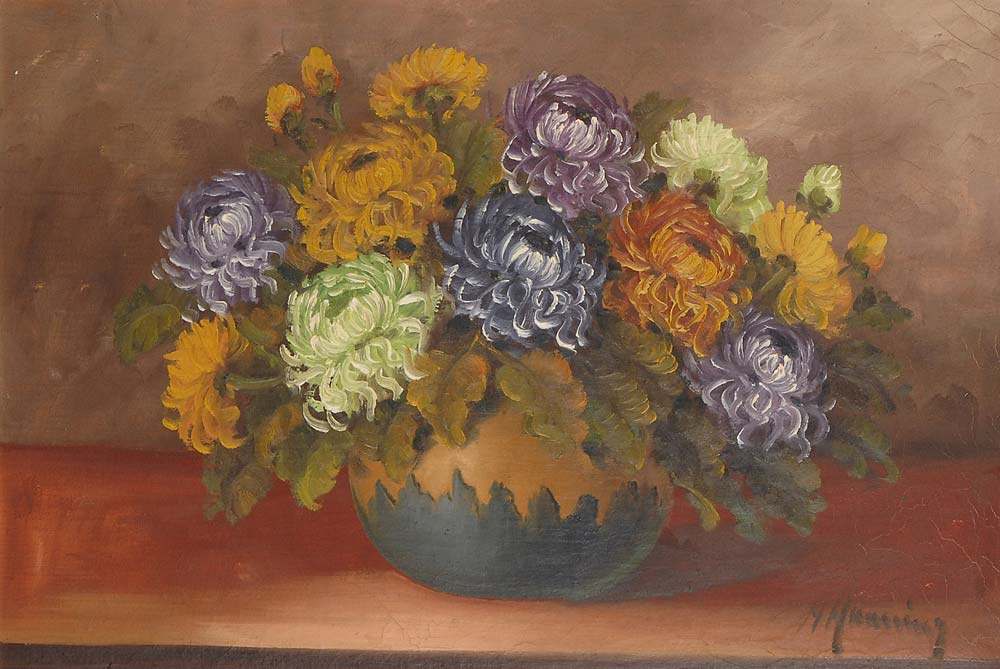 Henning, H.: Blumenstillleben. Öl/Leinwand, rechts unten signiert, 20. Jh. Chrysanthemen in