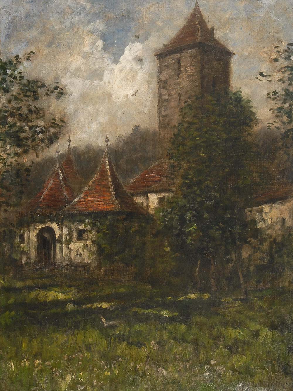 Heyden, Karl: Kloster am Waldrand. Öl/Leinwand, rechts unten signiert. Gebäudekomplex mit Turm am