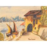 Beyer, Tom: Oberitalienischer See. Aquarell, rechts unten signiert. Blick von einer Villa über den