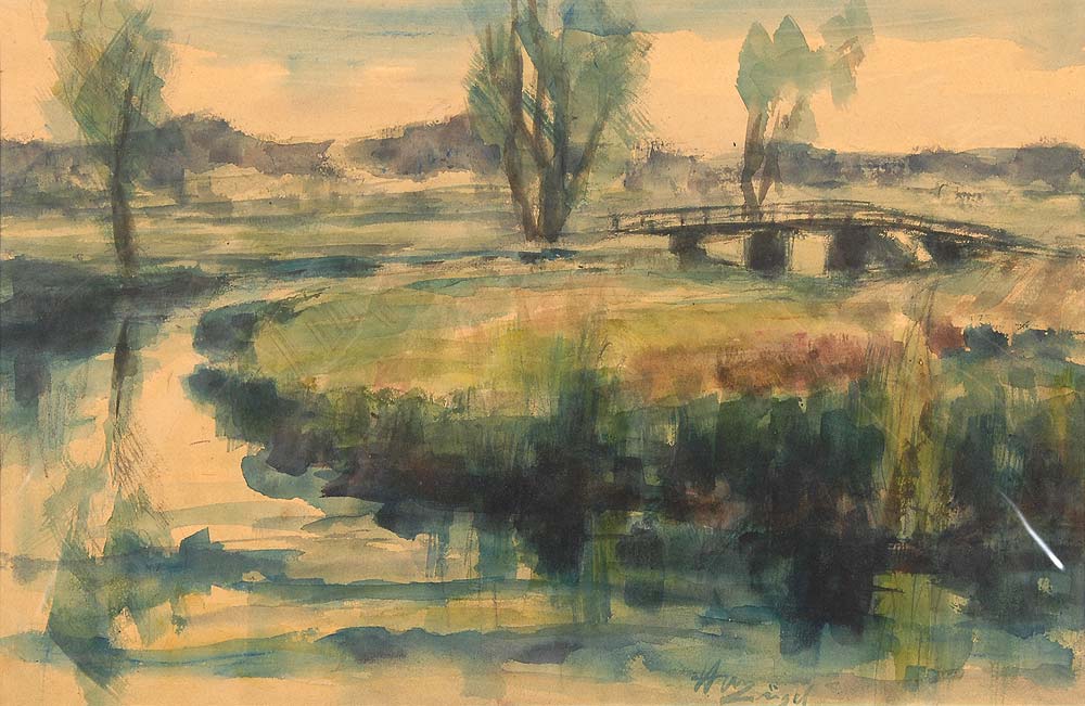 Zügel, Heinrich Johann von: Landschaftsstudie. Aquarell, mittig unten signiert. Flusslandschaft