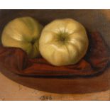 Apfelstudie. Öl/Malkarton, unsigniert, deutsch, mittig unten datiert: 1846. Zwei hellgrüne Äpfel
