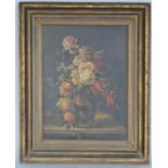 A framed oil painting of a still life vase of flow