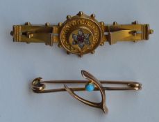A gold and gem set bar brooch together with one ot