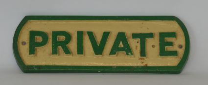 A cast iron door sign, "Private". Approx. 29.5 cms
