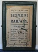 A Southern Railway printed "Trespass" sign with a