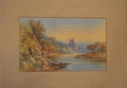 L BUNELLSMITH: A river landscape with castle, sign