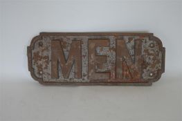 A cast iron railway toilet door sign, "Men". Est.