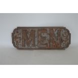 A cast iron railway toilet door sign, "Men". Est.