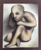 A naked infant. Surrealist style pastel on card. Approx.