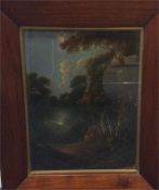 A maple framed oil of a path scene at dusk. Approx