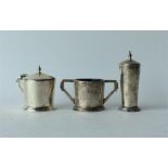 A small stylish three piece cruet set with lift of