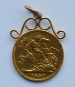 An 1897 half sovereign mounted as a pendant with l