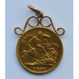 An 1897 half sovereign mounted as a pendant with l