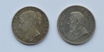 An 1892 five Shilling together with an 1844 Crown.