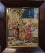 A rosewood framed tapestry of a religious scene. A