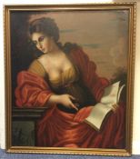 A portrait of a lady in red gown in gilt frame. Oi