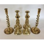 Three good heavy pairs of brass candlesticks. Est.