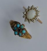 An opal cluster ring in gold together with a turqu