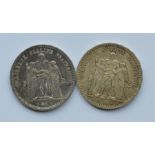 An 1849 and an 1874 five Franc silver coin. Est. £