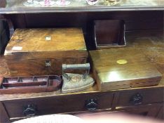 A walnut writing box, flat irons etc.