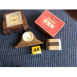 An AA badge, Oxo tin, old tin money box, and two c