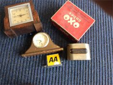 An AA badge, Oxo tin, old tin money box, and two c