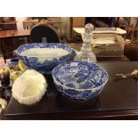 A Spode blue and white fruit bowl, decanter etc.