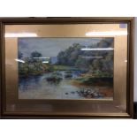 A framed and glazed watercolour of a river scene.